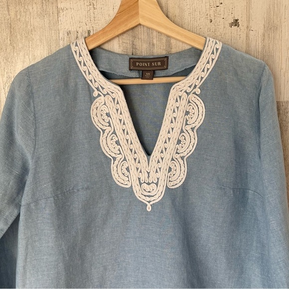 Point Sur J. Crew Blue White Linen Cotton Blend Blouse Size XS - Picture 4 of 12